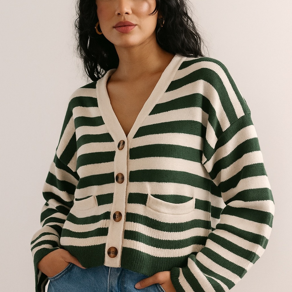 Oversized Striped Cardigan V-Neck Button Front Green Cream/ size Medium